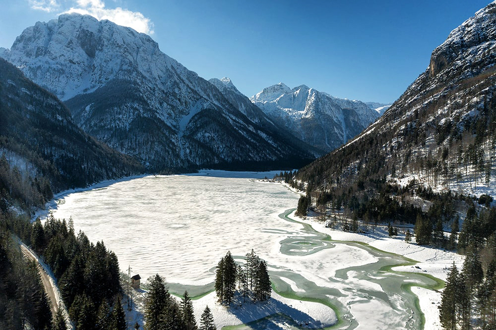 Predil Lake Winter Italy Aerial View